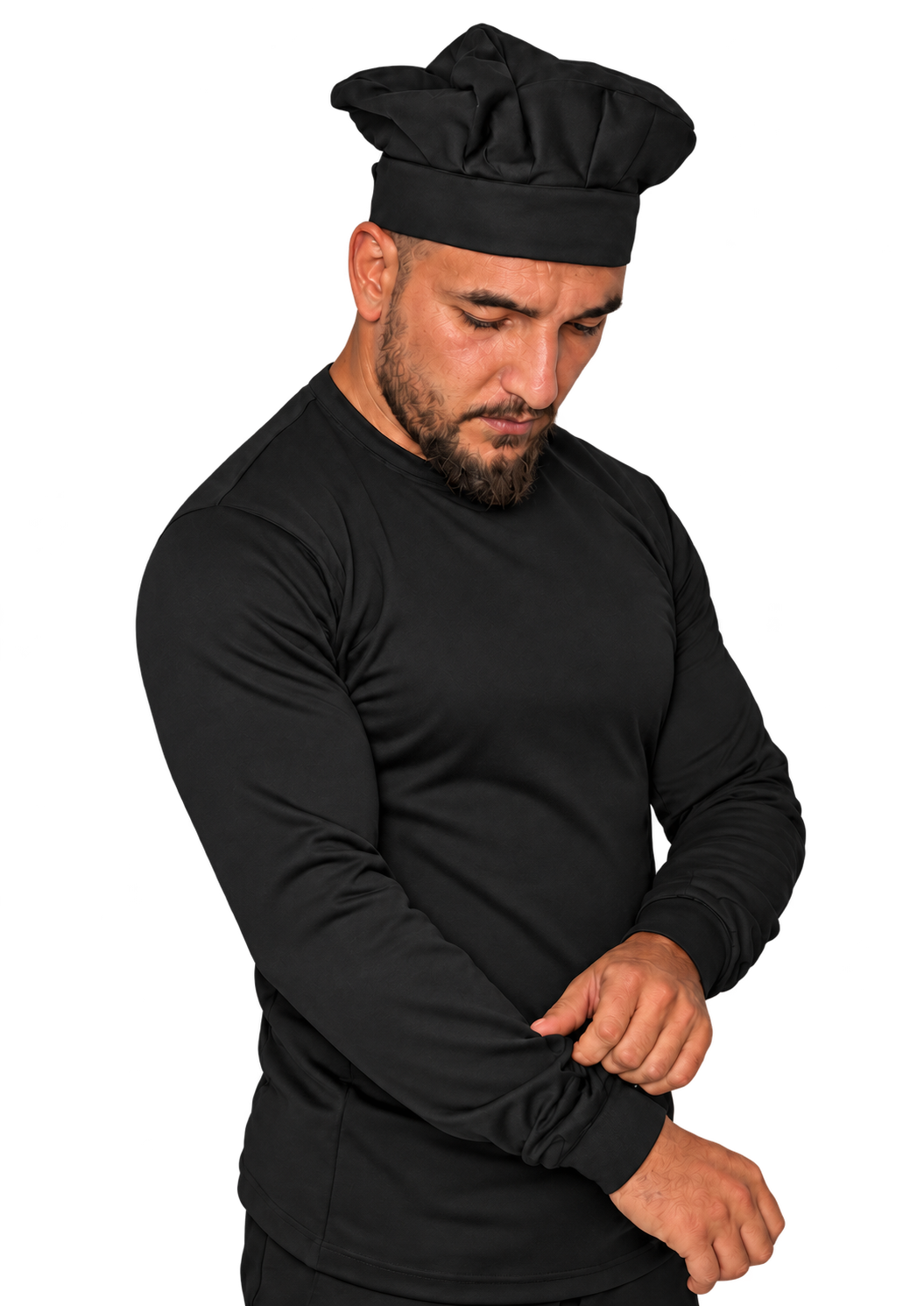 Samy Nammour, owner of Posh Uniform, adjusting his black chef uniform